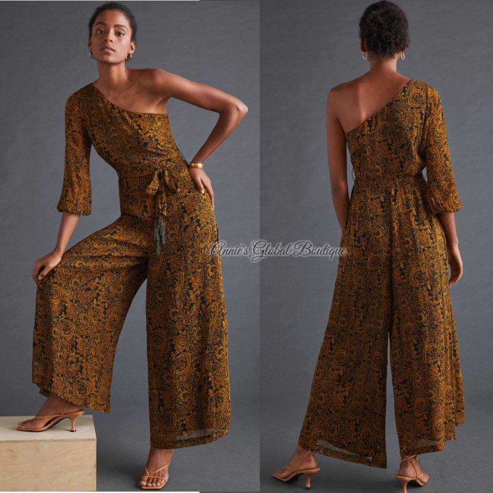 RARE NWT ANTHROPOLOGIE Ollari Paisley Tasseled One-Shoulder Jumpsuit. Size L - Picture 9 of 16